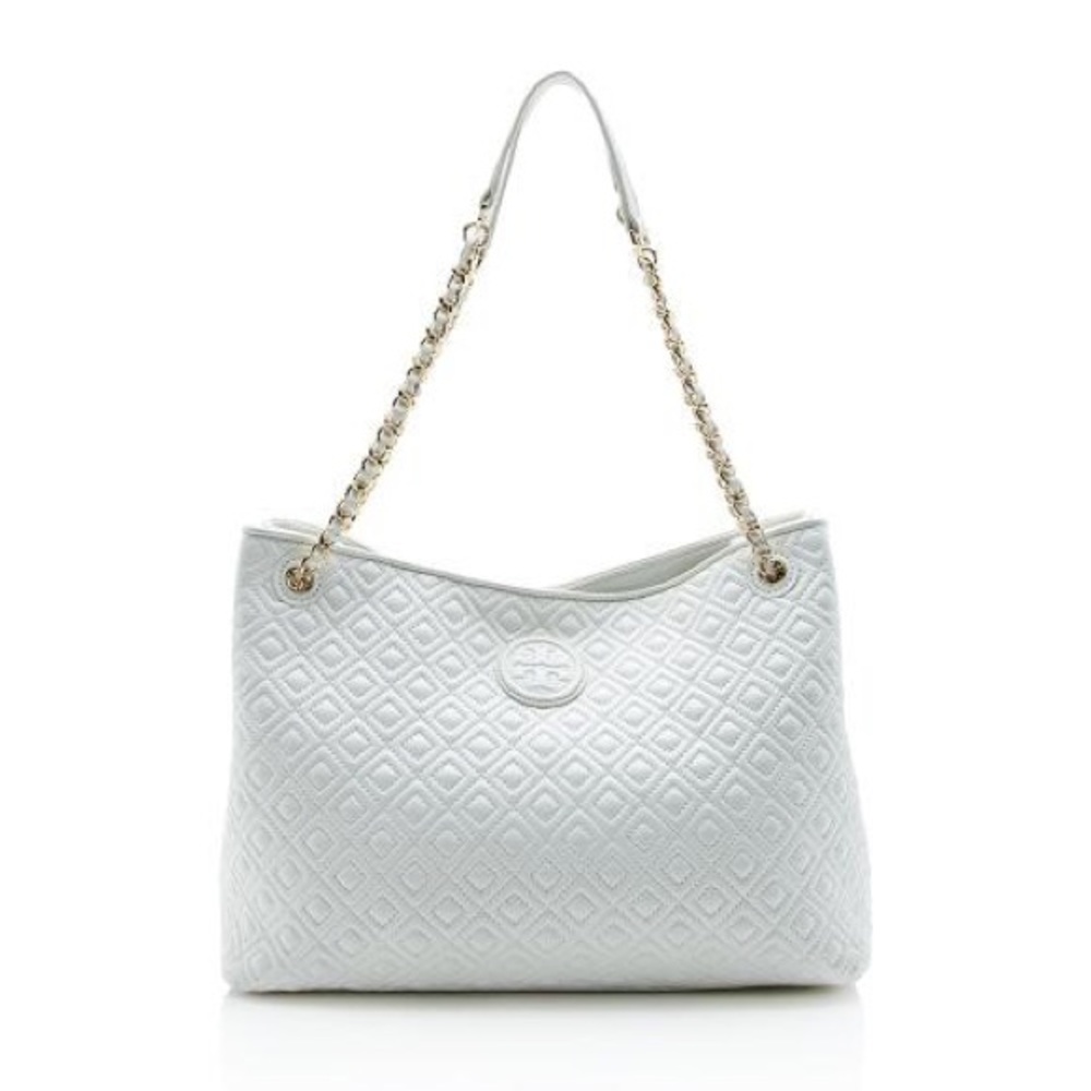 Tory Burch Marion Quilted Center-Zip Tote in White